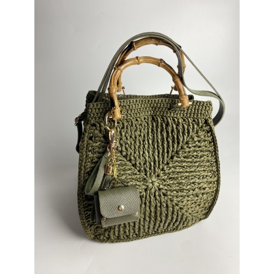 By Aynur Kos Rafya İpten Bambu Saplı Mozaik Model Haki Çanta