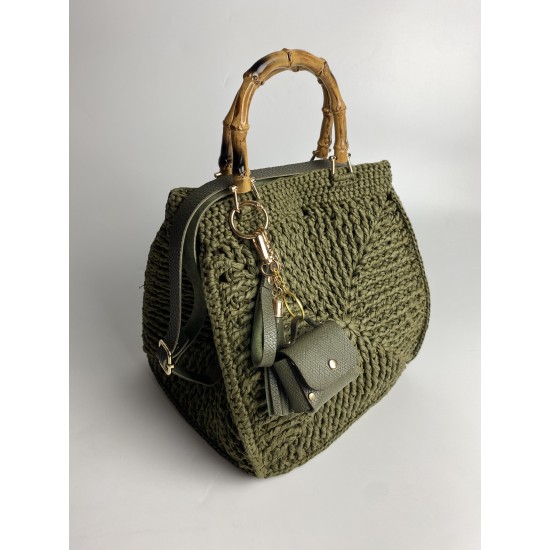 By Aynur Kos Rafya İpten Bambu Saplı Mozaik Model Haki Çanta