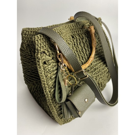 By Aynur Kos Rafya İpten Bambu Saplı Mozaik Model Haki Çanta