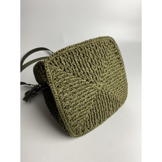 By Aynur Kos Rafya İpten Bambu Saplı Mozaik Model Haki Çanta