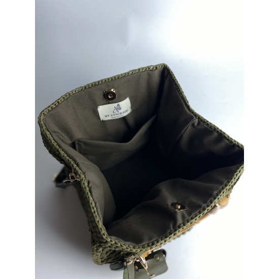 By Aynur Kos Rafya İpten Bambu Saplı Mozaik Model Haki Çanta