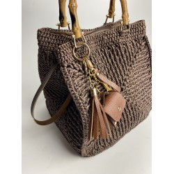 By Aynur Kos Rafya İpten Bambu Saplı Mozaik Model Kahve Çanta