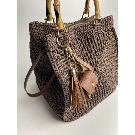 By Aynur Kos Rafya İpten Bambu Saplı Mozaik Model Kahve Çanta