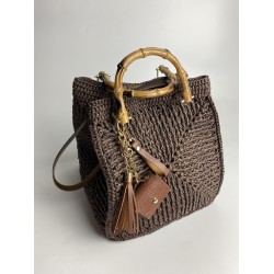 By Aynur Kos Rafya İpten Bambu Saplı Mozaik Model Kahve Çanta