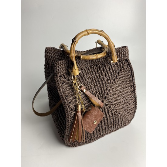 By Aynur Kos Rafya İpten Bambu Saplı Mozaik Model Kahve Çanta