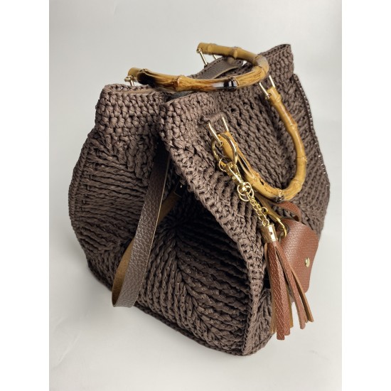 By Aynur Kos Rafya İpten Bambu Saplı Mozaik Model Kahve Çanta