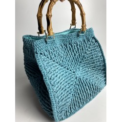 By Aynur Kos Rafya İpten Bambu Saplı Mozaik Model Mavi Çanta