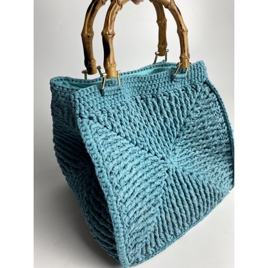 By Aynur Kos Rafya İpten Bambu Saplı Mozaik Model Mavi Çanta