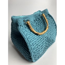 By Aynur Kos Rafya İpten Bambu Saplı Mozaik Model Mavi Çanta