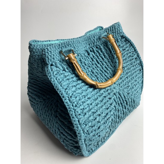 By Aynur Kos Rafya İpten Bambu Saplı Mozaik Model Mavi Çanta